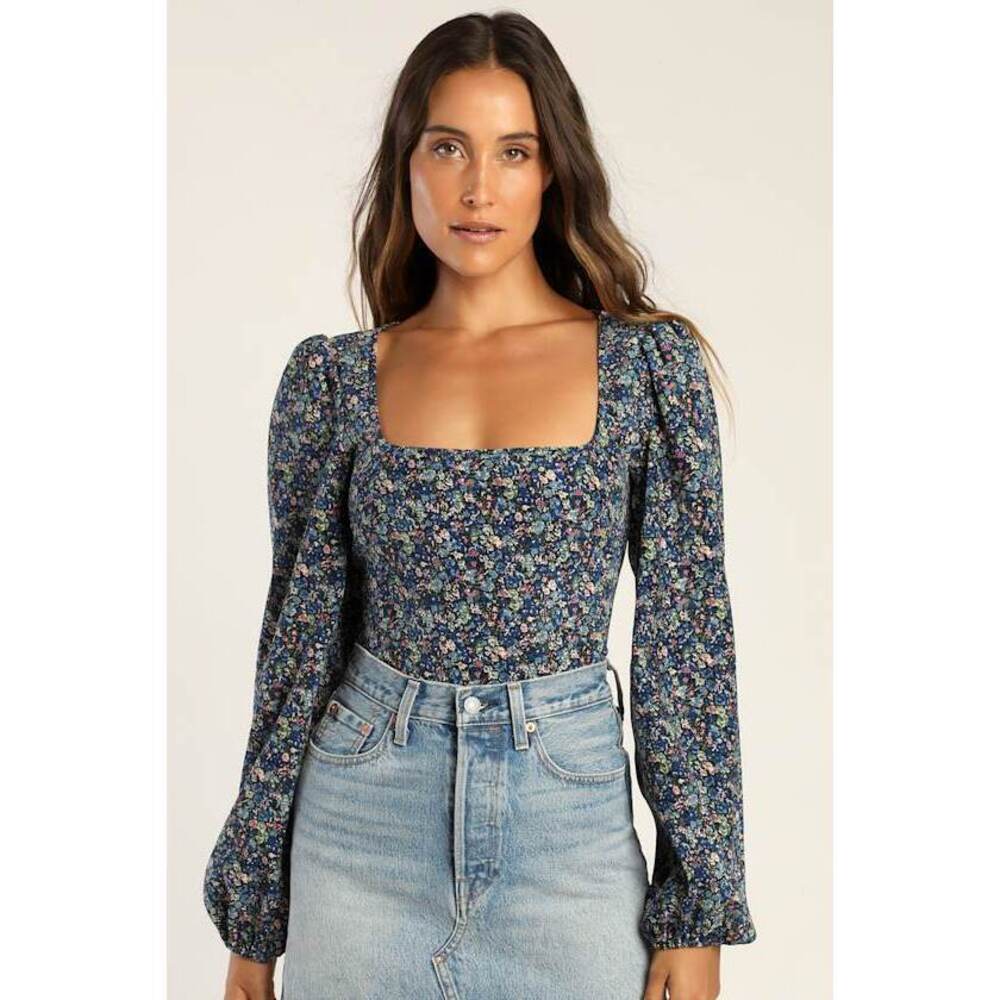 Lulus Blue Floral Corduroy Top - Size XL